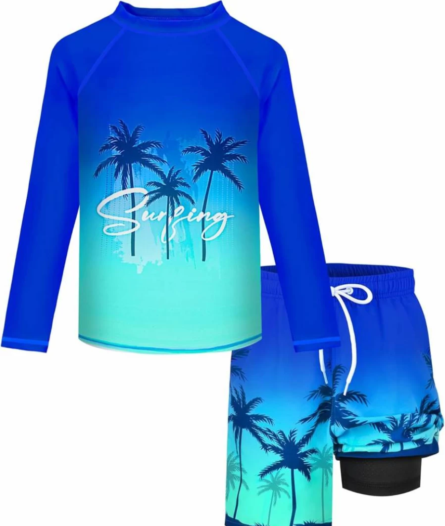 Sylfairy Boys Long Sleeve Rash Guard Swim Set with Quick Dry Trunks - UV Protection Kids Swimwear Sizes 7-16 for Beach & Pool