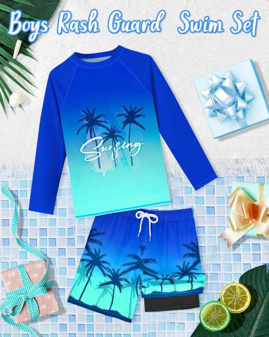 Sylfairy Boys Long Sleeve Rash Guard Swim Set with Quick Dry Trunks - UV Protection Kids Swimwear Sizes 7-16 for Beach & Pool