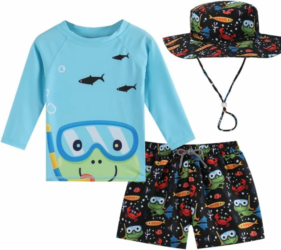 RUOGU Boys' 3-Piece Rash Guard Swimsuits Long Sleeve Sun Protection Swimwear Set for Toddlers & Baby