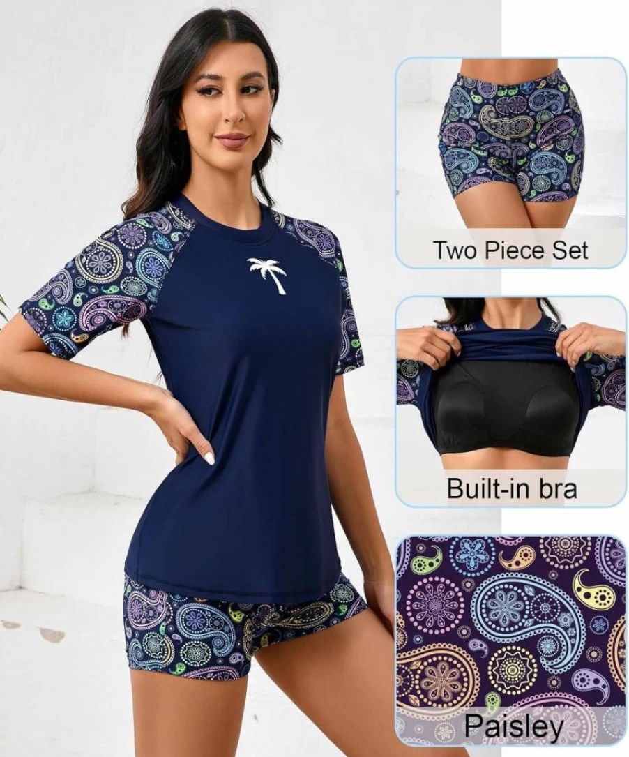 Halcurt Women's UPF 50 Swim Shirt with Built-In Bra & Board Shorts - 2 Piece Rash Guard Swimsuit Set