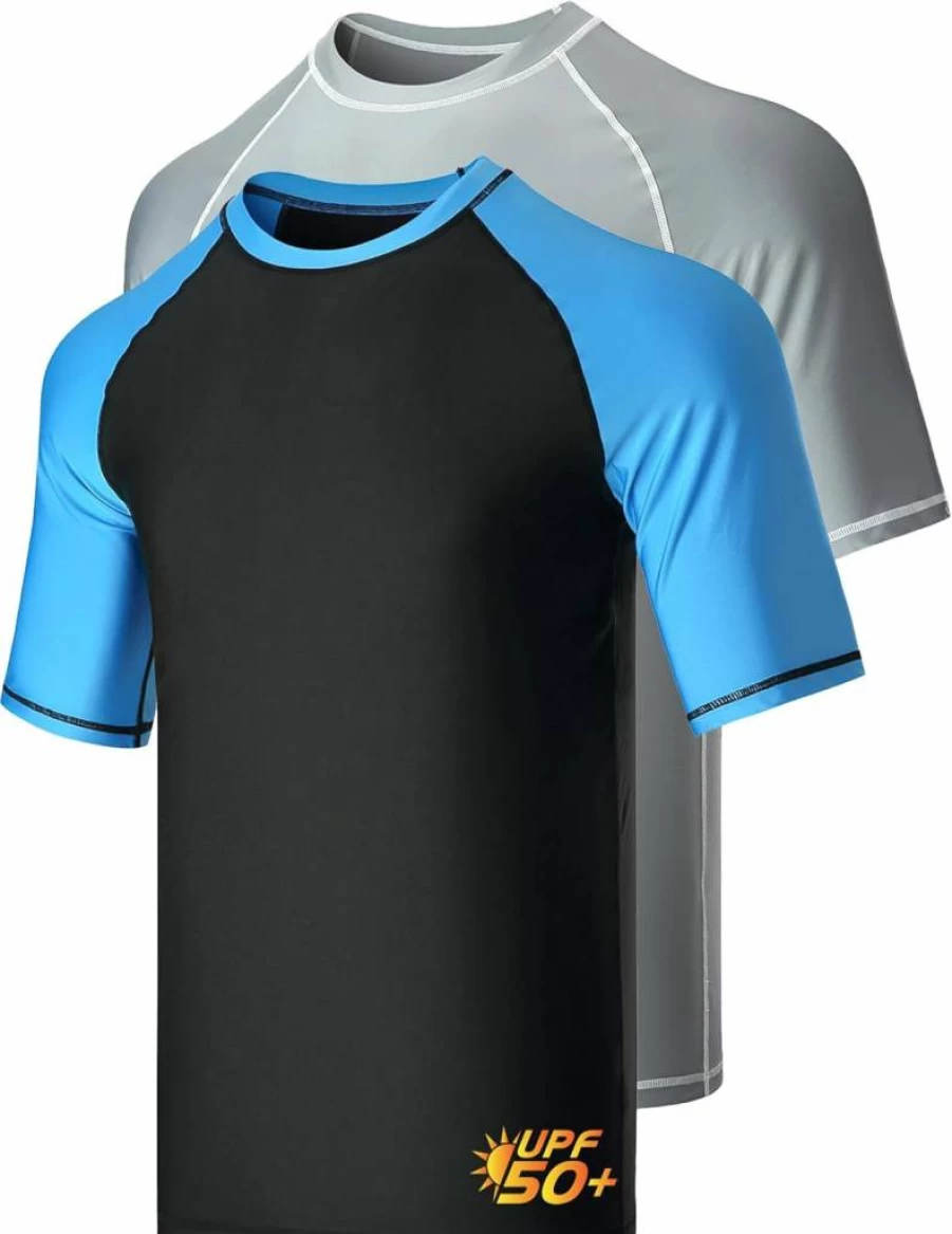 Liberty Imports Men's UV Protection Swim Shirts - 2 Pack Quick-Dry Rash Guard Tops, Loose Fit UPF 50+ Short Sleeve Beach Shirts