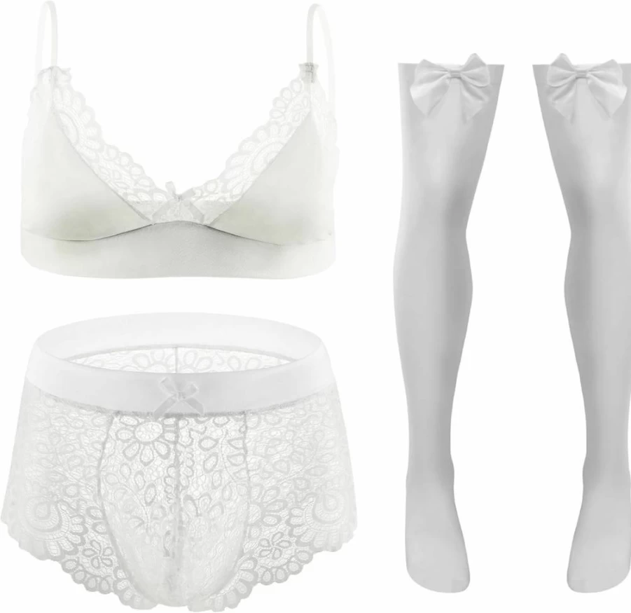 FEOYA Men's Floral Lace Lingerie Set - 3 Piece Bra, Panty & Stockings for Crossdressers