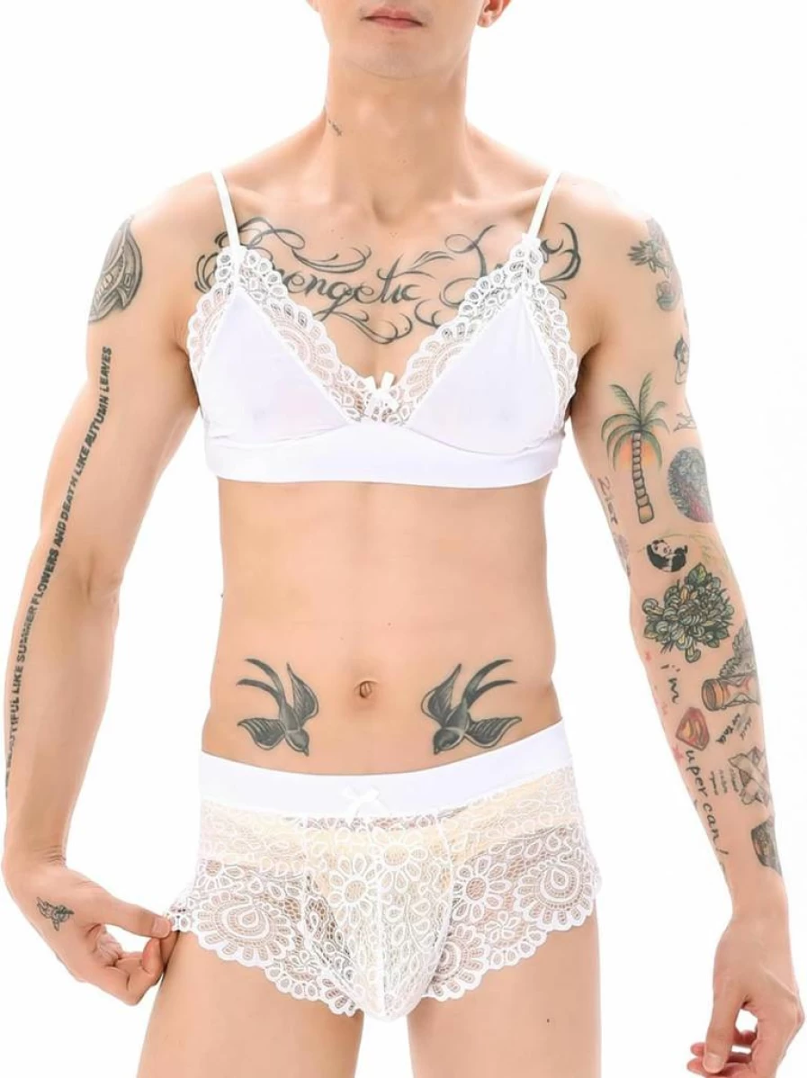 FEOYA Men's Floral Lace Lingerie Set - 3 Piece Bra, Panty & Stockings for Crossdressers