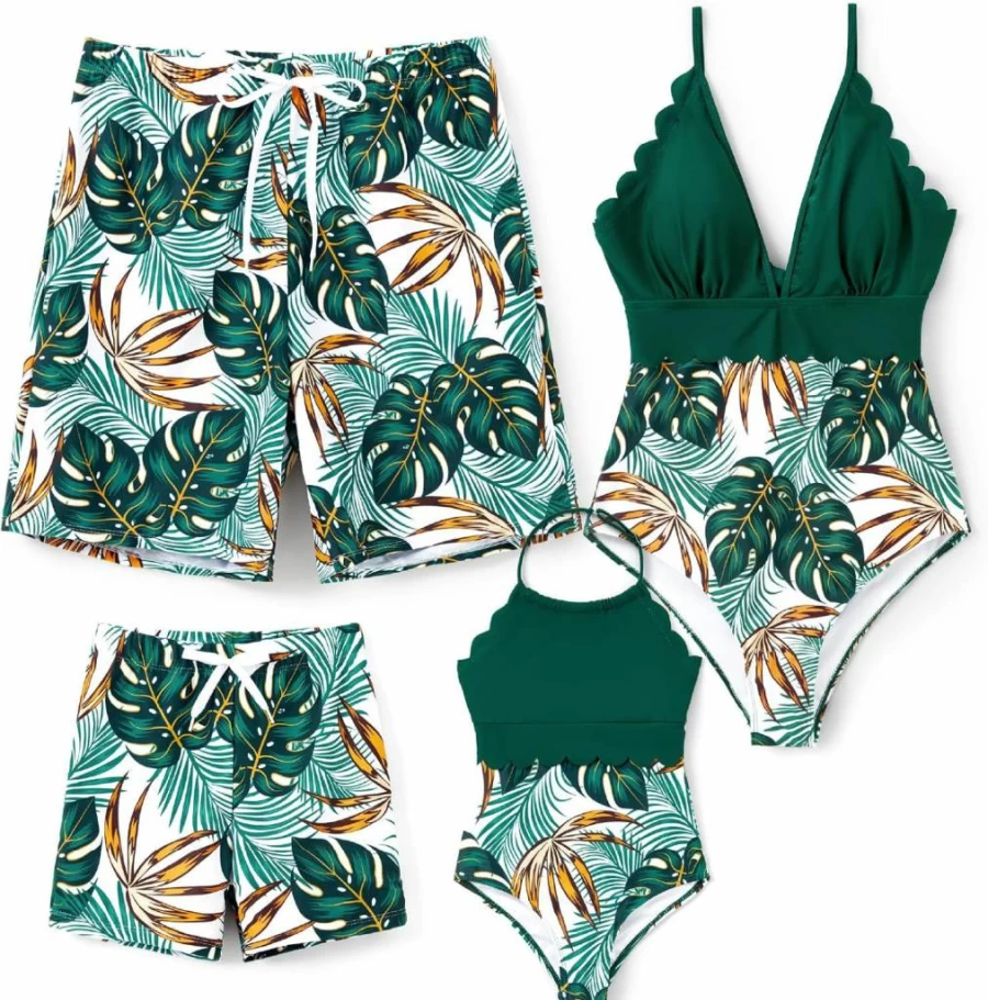 PATPAT Family Matching Swimsuits Mommy and Me Leaves Print One-Piece V-Neck Bathing Suits Set