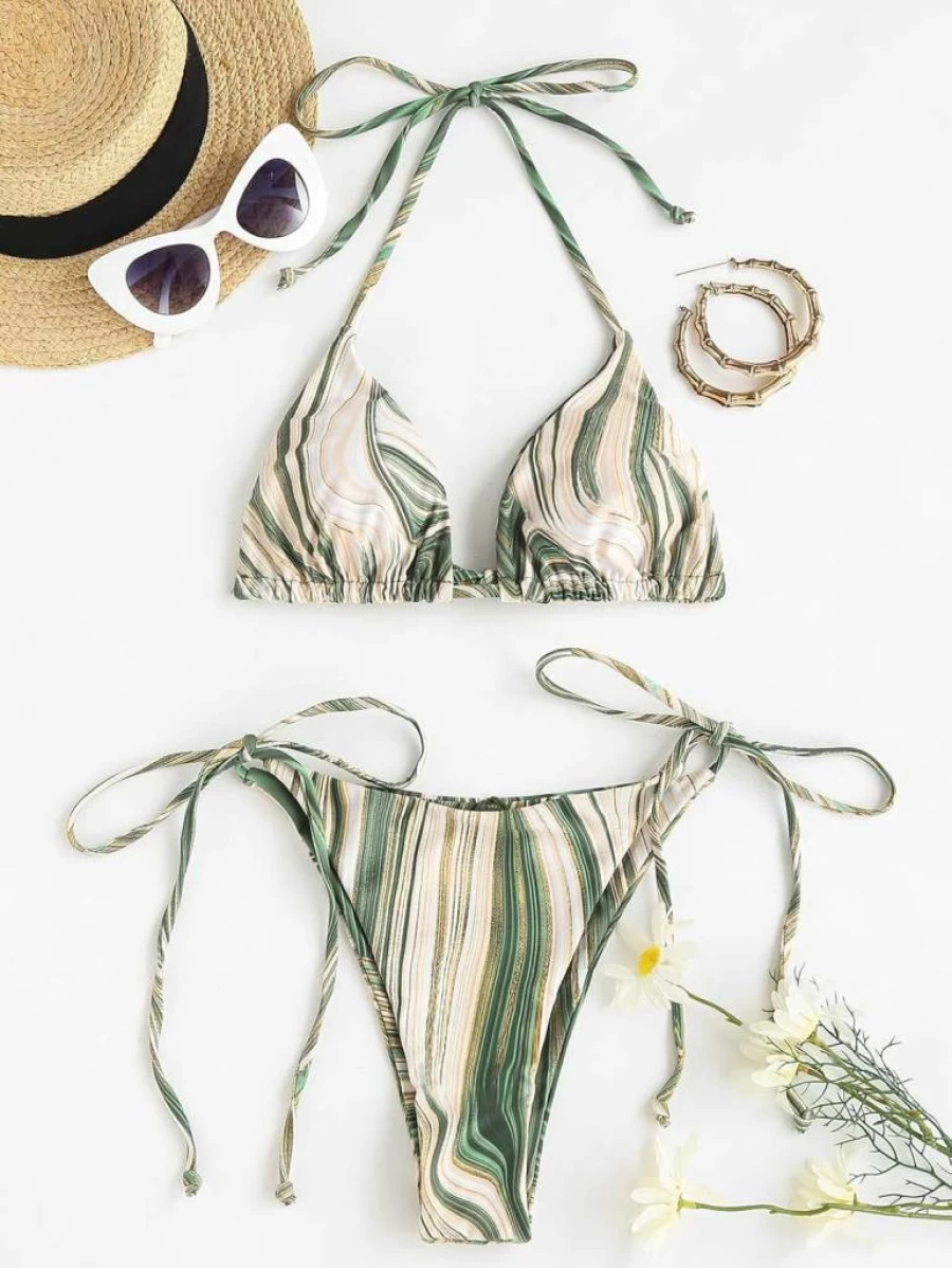 ZAFUL Women's Sexy High Cut Triangle Bikini Set - 2 Piece Halter Swimwear with Side Tie