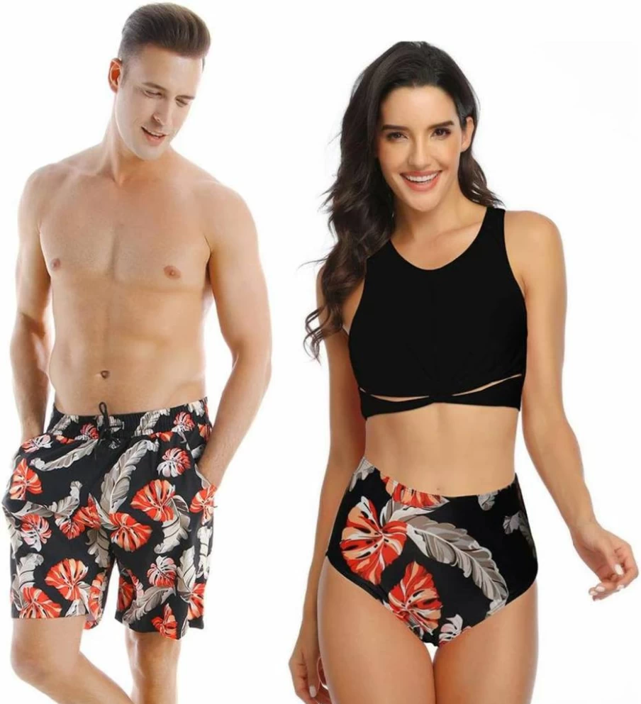 Ulikeey Matching Couples Swimwear Set - Tropical Monstera Print Men's Swim Trunks & Women's Bikini 2-Piece