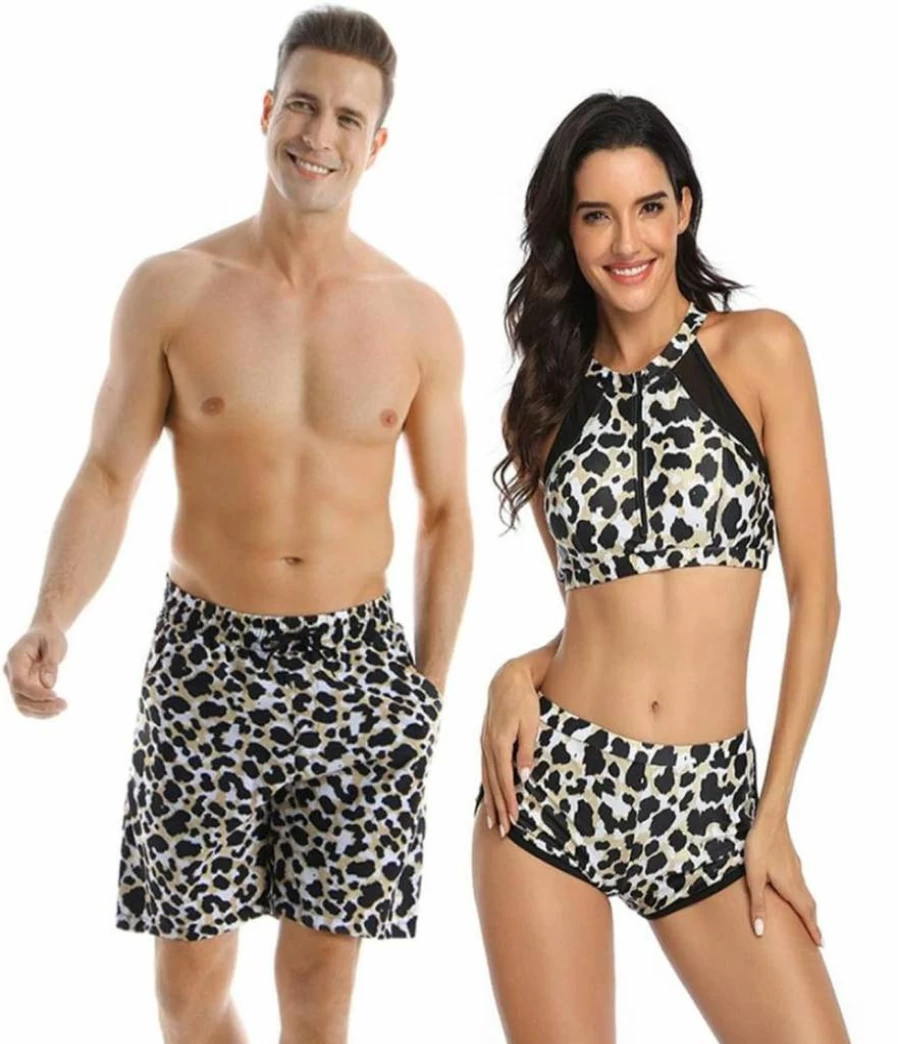 Ulikeey Matching Couples Leopard Print Swimwear Set - Men's Trunks & Women's Modest 2-Piece Bikini