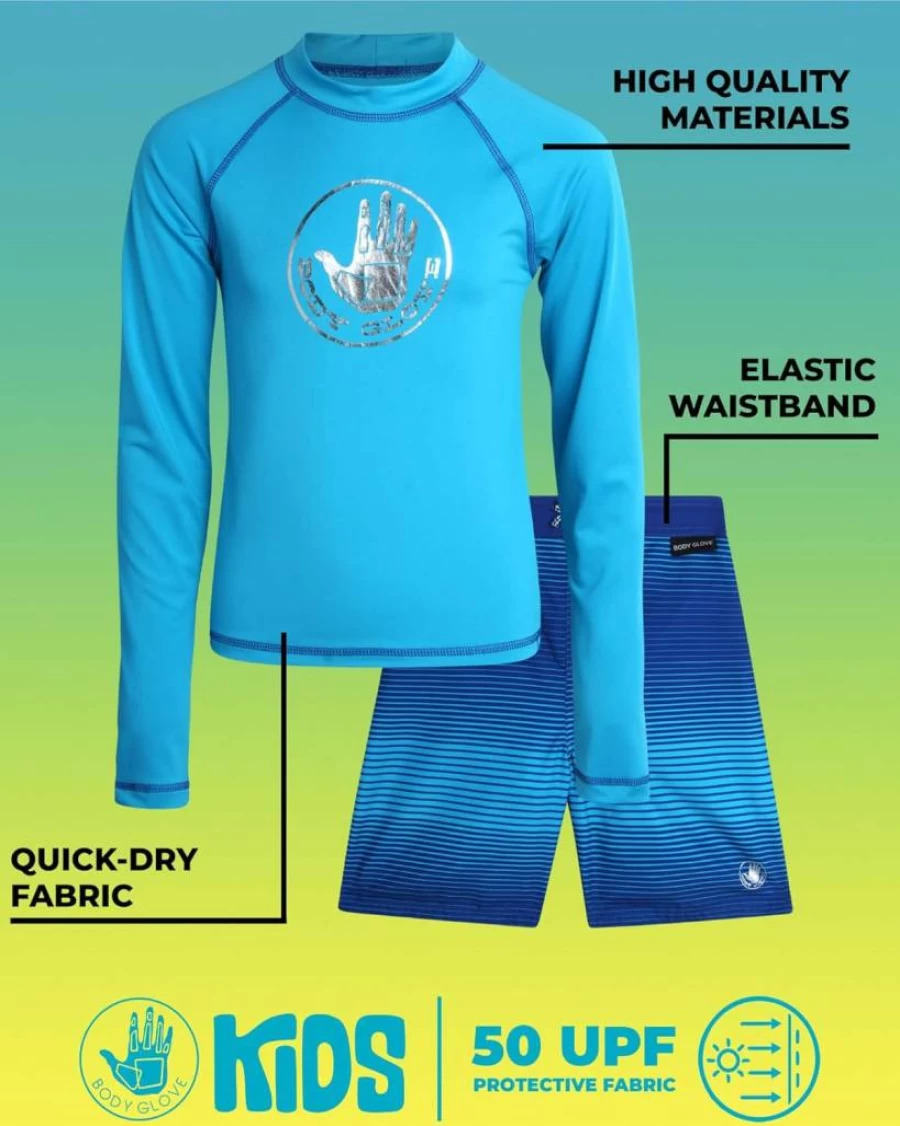 Body Glove Boys 2-Piece Swim Set - UPF 50+ Rash Guard & Swim Trunks (Sizes 4-12) for Sun Protection