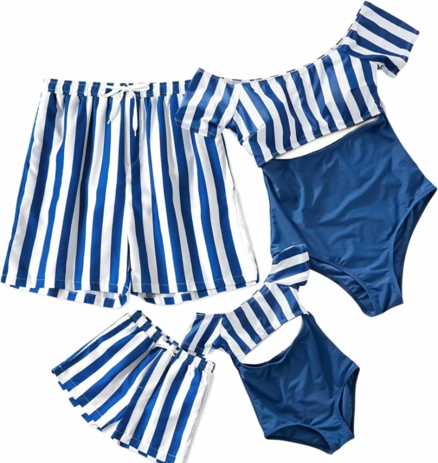 IFFEI Mother Daughter Matching Swimwear One Piece Striped Monokini Hollow Out Beach Suits Family Bathing Suits