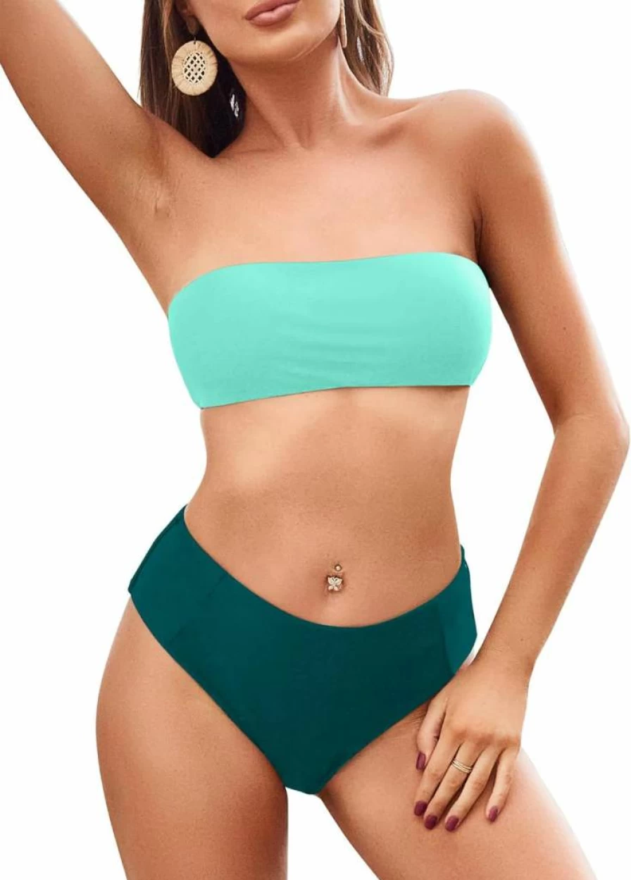 ZAFUL Women's Strapless High Cut Bikini Set - Solid Color 2 Piece Swimsuit for Beach & Pool