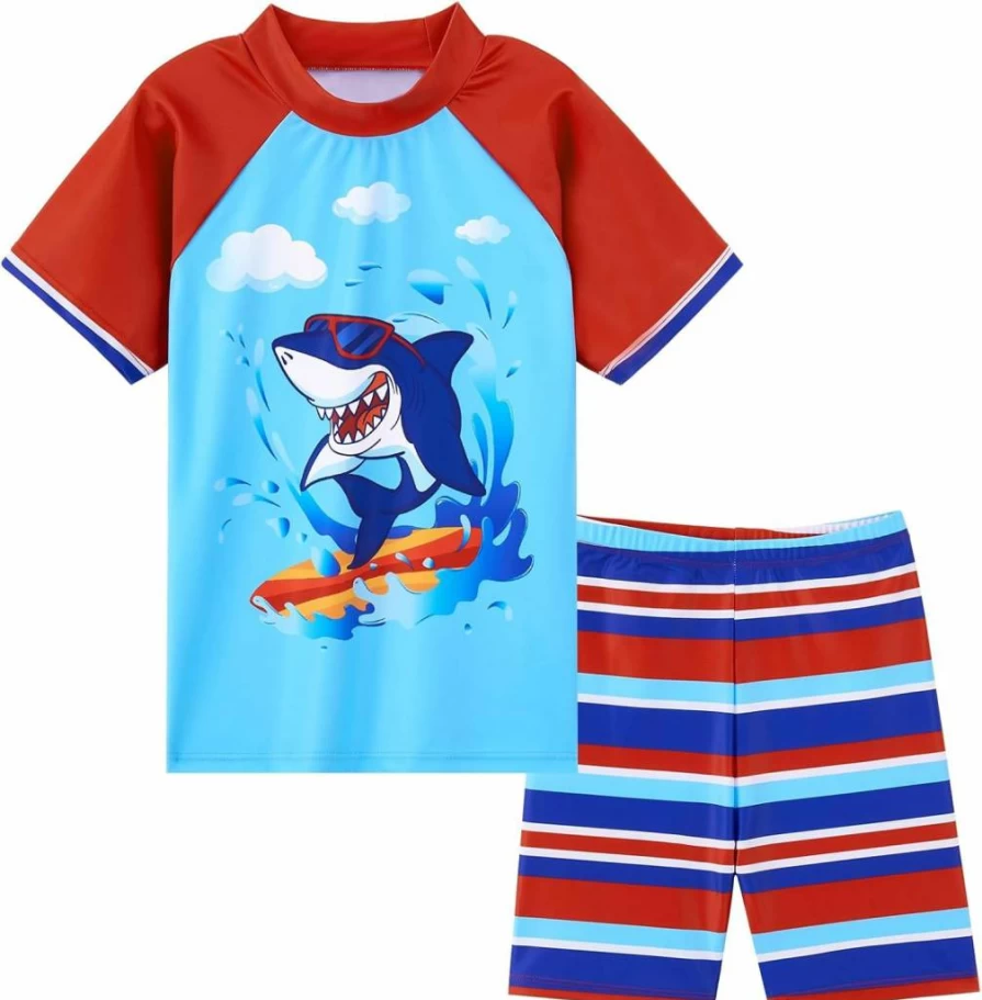 WAWSAM Boys Shark 2-Piece Swim Set - Toddler Rash Guard & Swim Trunks for Kids