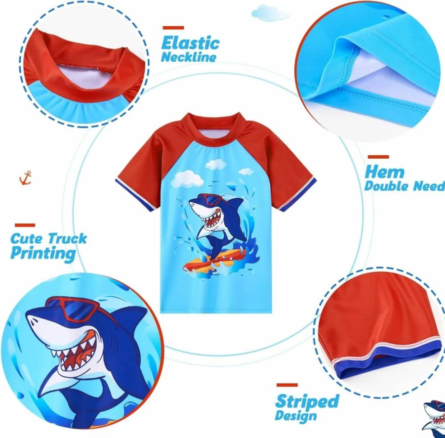 WAWSAM Boys Shark 2-Piece Swim Set - Toddler Rash Guard & Swim Trunks for Kids