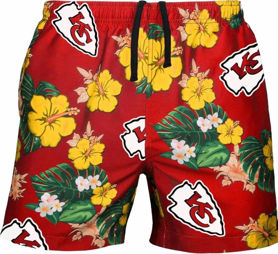 FOCO Men's NFL Team Logo Floral Hawaiian Swim Trunks - Quick Dry Beach Shorts