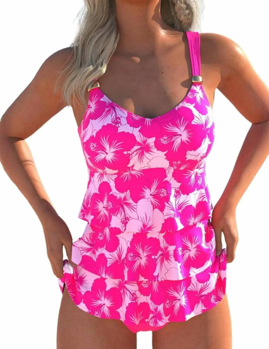 ROSEWE Women's Ruffle Tiered Bikini Set - High Waist Tankini Swimwear 2 Piece Bathing Suit