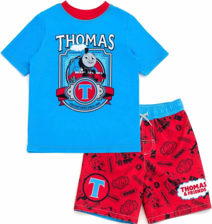THOMAS & FRIENDS UPF 50+ Boys' Rash Guard and Swim Trunks Set for Toddler to Kids (2T-7) - Sun Protective Swimwear Outfit