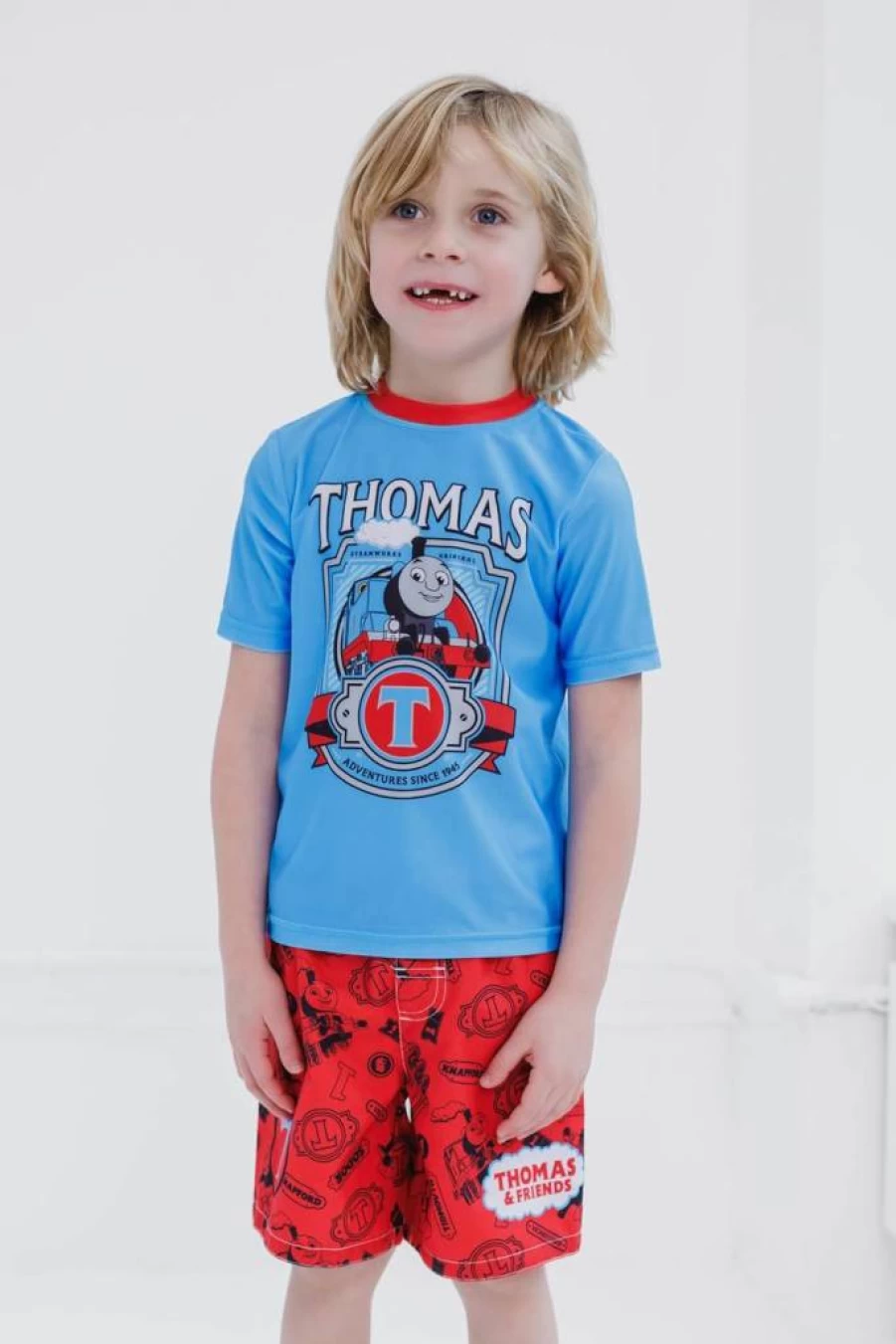 THOMAS & FRIENDS UPF 50+ Boys' Rash Guard and Swim Trunks Set for Toddler to Kids (2T-7) - Sun Protective Swimwear Outfit