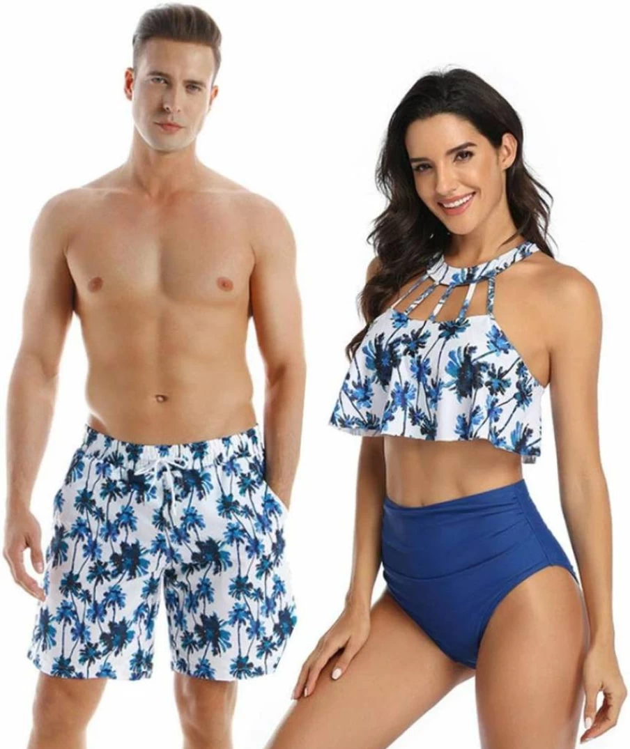 Ulikeey Couples Matching Swimsuits - High Waist Bikini Set with Blue Coconut Tree Print, Beach Swimwear for Him & Her