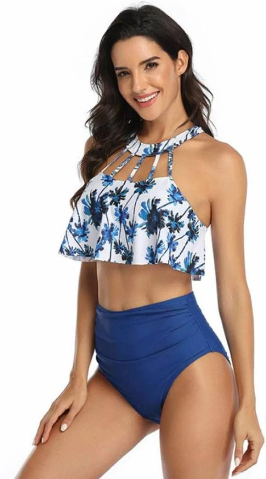 Ulikeey Couples Matching Swimsuits - High Waist Bikini Set with Blue Coconut Tree Print, Beach Swimwear for Him & Her