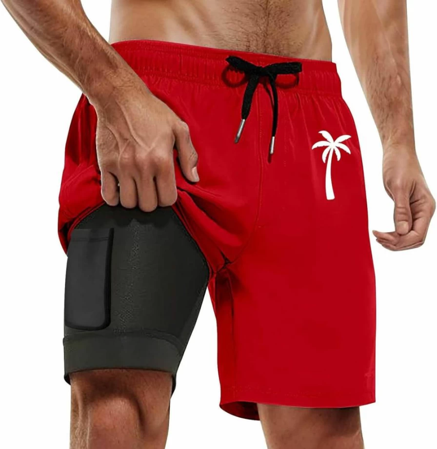 Men's Quick-Dry Swim Trunks 9" with Compression Liner & Pockets - Coconut Tree Print Bathing Suits for Men