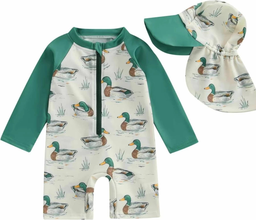 GINEVSAL Boys Duck Print Rash Guard Swim Set with Long Sleeve Zipper UPF Sun Protection & Matching Hat for Toddler Infant Beach Pool