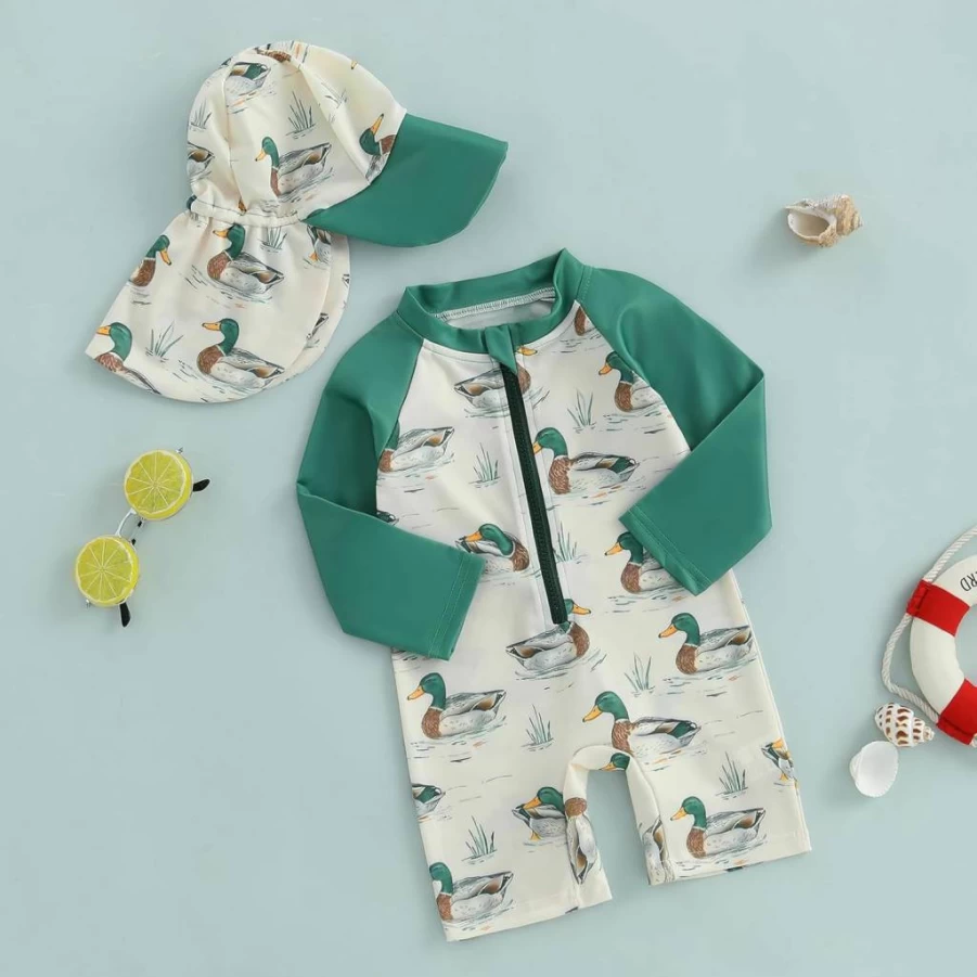 GINEVSAL Boys Duck Print Rash Guard Swim Set with Long Sleeve Zipper UPF Sun Protection & Matching Hat for Toddler Infant Beach Pool
