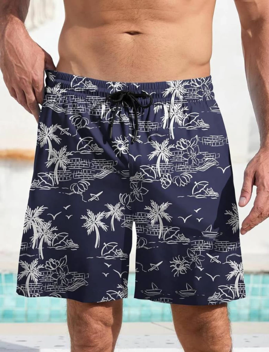 Lzzidou Men's Hawaiian Swim Trunks Quick-Dry Beach Shorts with Mesh Lining & Pockets for Swimming