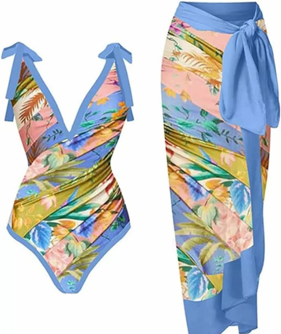 IDOPIP Women's Retro Floral Print Two-Piece Bikini Set with Beach Cover Up Wrap Skirt Sarong Swimsuit