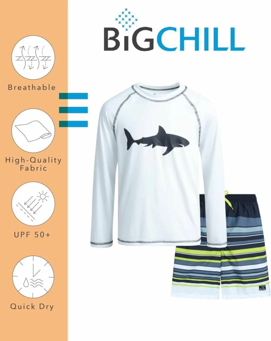 Big Chill Boys 2-Piece Rash Guard Swim Set - UPF 50+ Long Sleeve Swim Shirt & Swim Trunks for Kids (Sizes 4-14) | Sun Protective Beachwear
