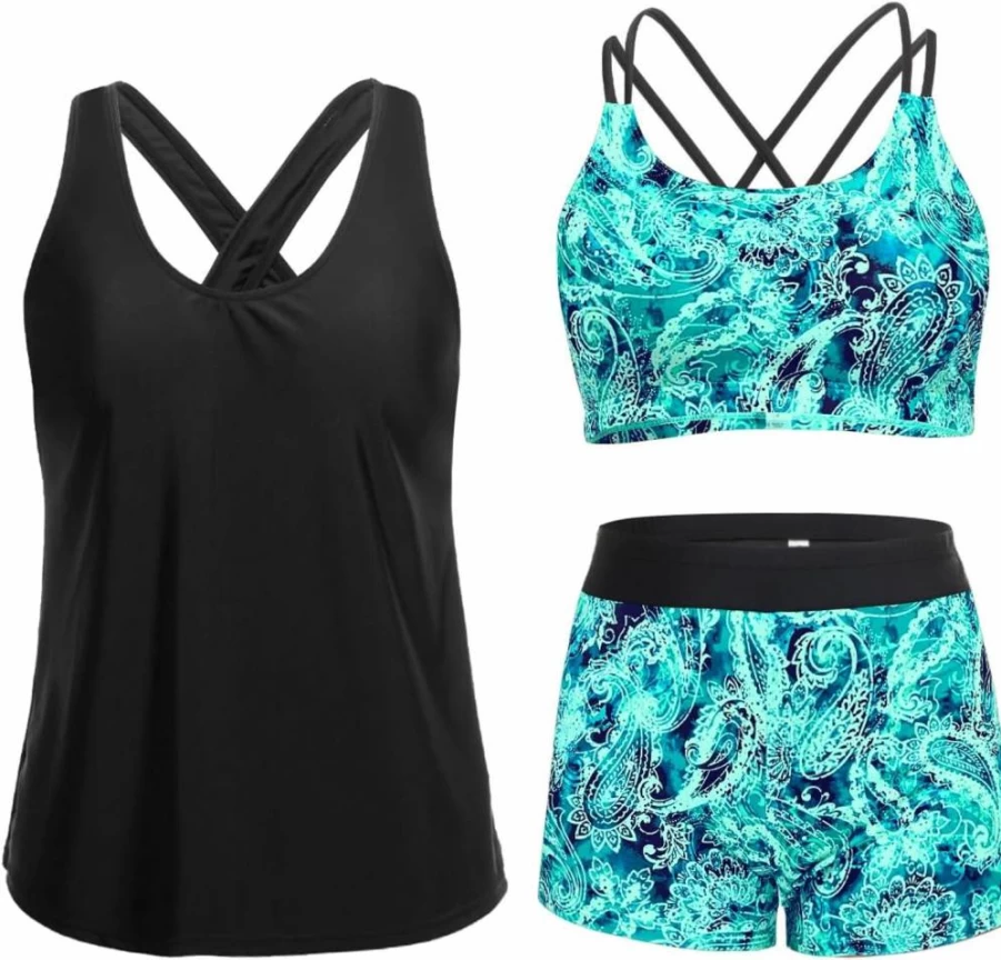 Holipick Women's 3-Piece Tummy Control Tankini Swimwear Set - High-Waist Swim Shorts & Built-In Bra Bikini Top