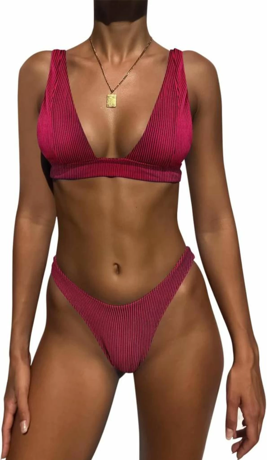 MIKETAI Women's Sexy Deep V Neck Two Piece Bikini Set - Halter Thong Cheeky Swimsuit for Beach & Pool