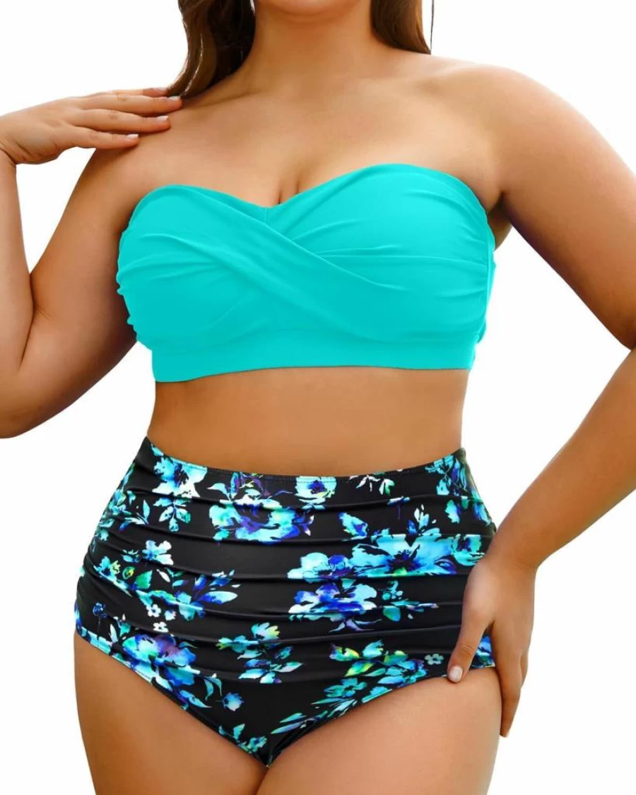 Yonique Plus Size Bandeau Bikini Set - High Waisted Two Piece Swimwear for Women with Tummy Control