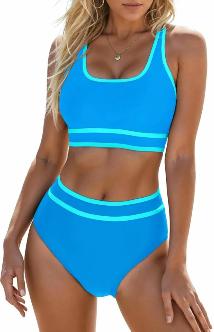 Blooming Jelly Women's High Waist Bikini Set - Sporty Color Block Two-Piece Swimsuit with Scoop Neck & Cheeky Bottom for Beach & Pool
