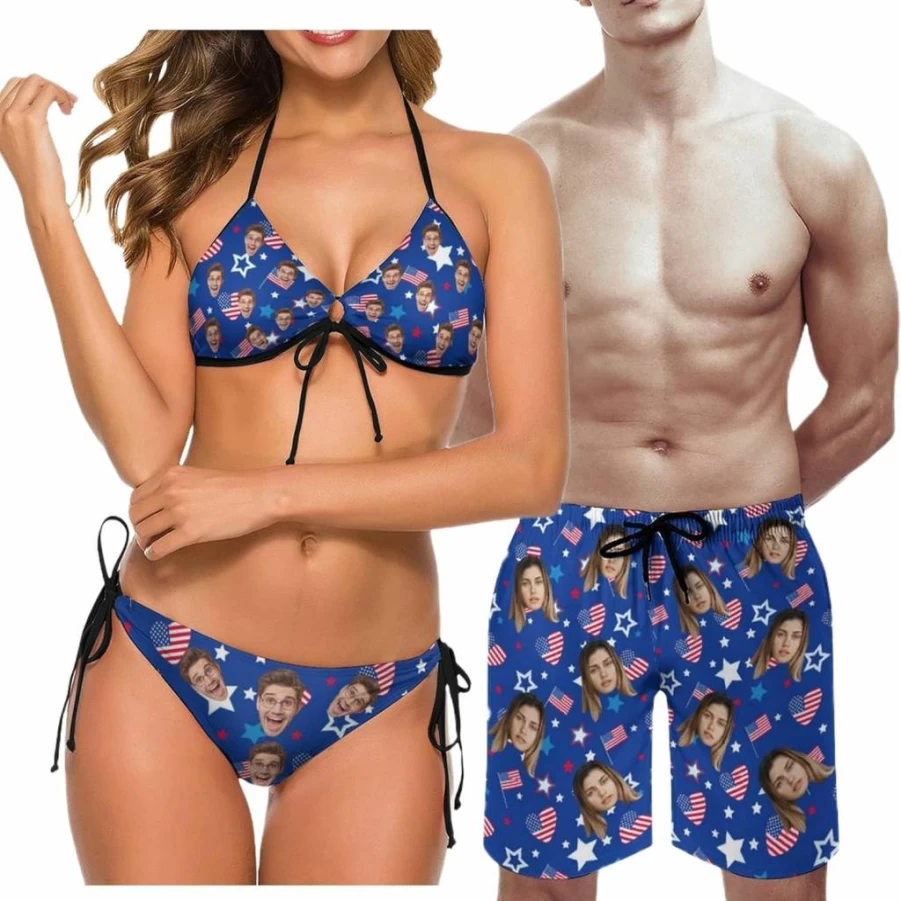 Artsadd Personalized Couple's Swimsuits - Custom Face Matching Bikini & Men's Swim Trunks - His & Hers Summer Beach Gifts