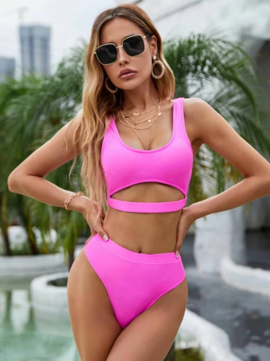 Blooming Jelly Women's High Waisted Bikini Set - Sporty High Cut Two Piece Swimwear with Cut Out Design