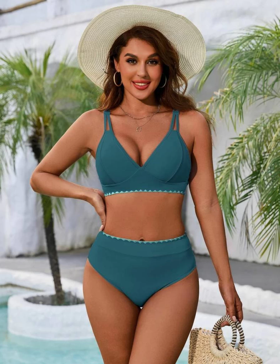 BMJL Women's High Waisted Bikini Set - V Neck Two Piece Swimsuit with Cheeky Bottom & Shell Stitching