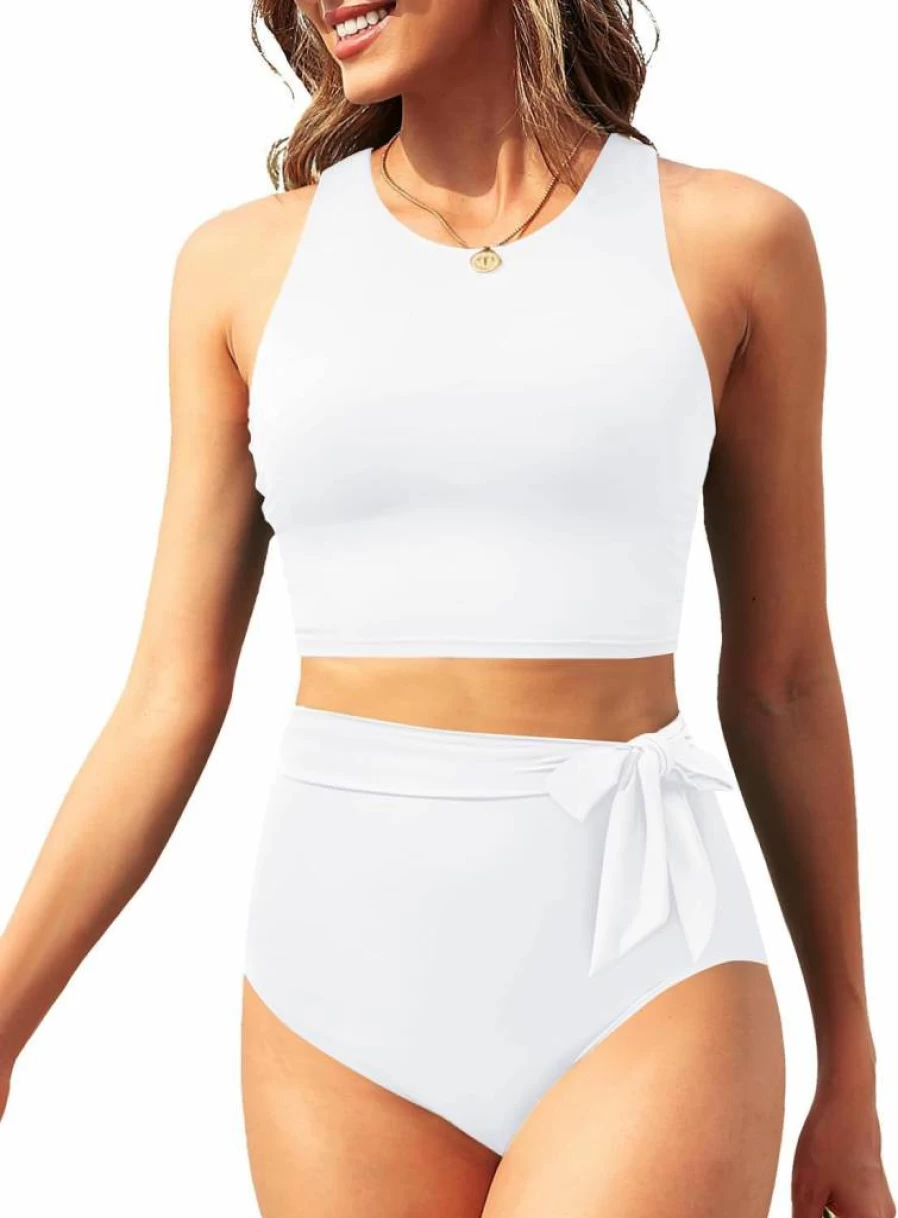 Aqua Eve Women's High Waisted Bikini Set - Racerback Two Piece Swimwear High Neck Bathing Suit for Women