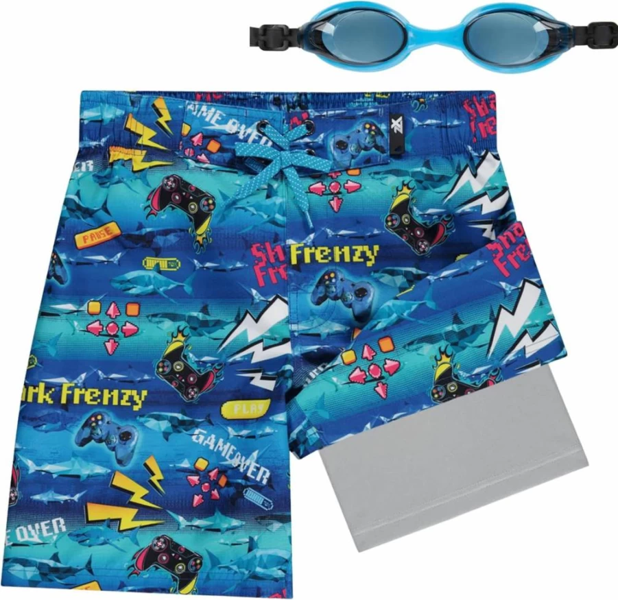 ZeroXposur Boys Quick Dry Swim Trunks with Compression Liner & Goggles, Kids' Swim Shorts for Comfort & Performance