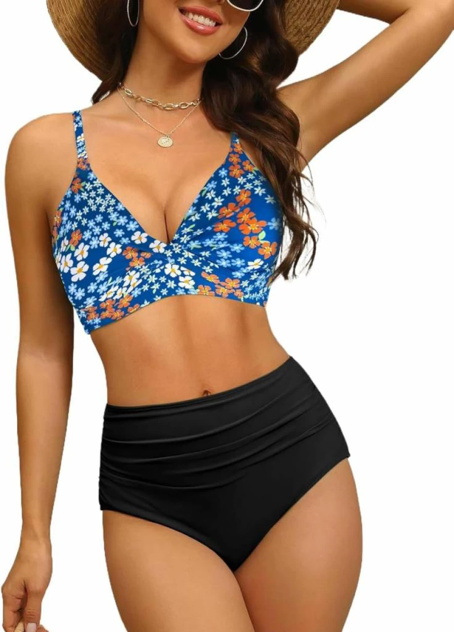 GVAOO Women's Push Up High Waisted Bikini Set - V Neck Ruched Two Piece Swimsuit Stylish Bathing Suit