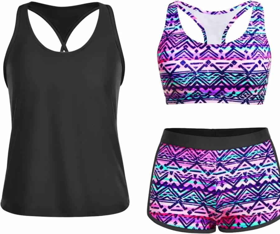 Yonique Women's 3-Piece Athletic Tankini Swimwear Set - Sports Bra Tank Top & Boyshorts Quick-Dry Bathing Suits for Active Swim