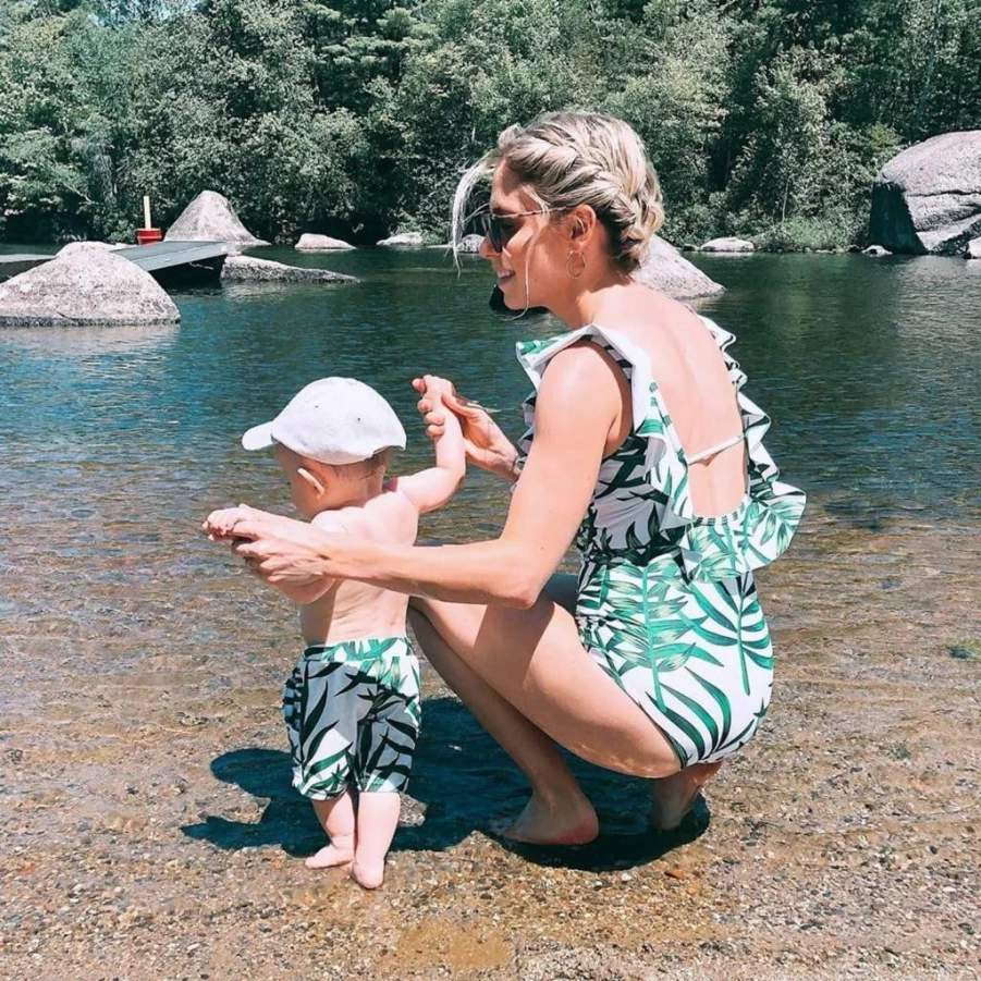IFFEI Matching Family Swimsuits - Mommy & Me One Piece V-Neck Printed Bathing Suits