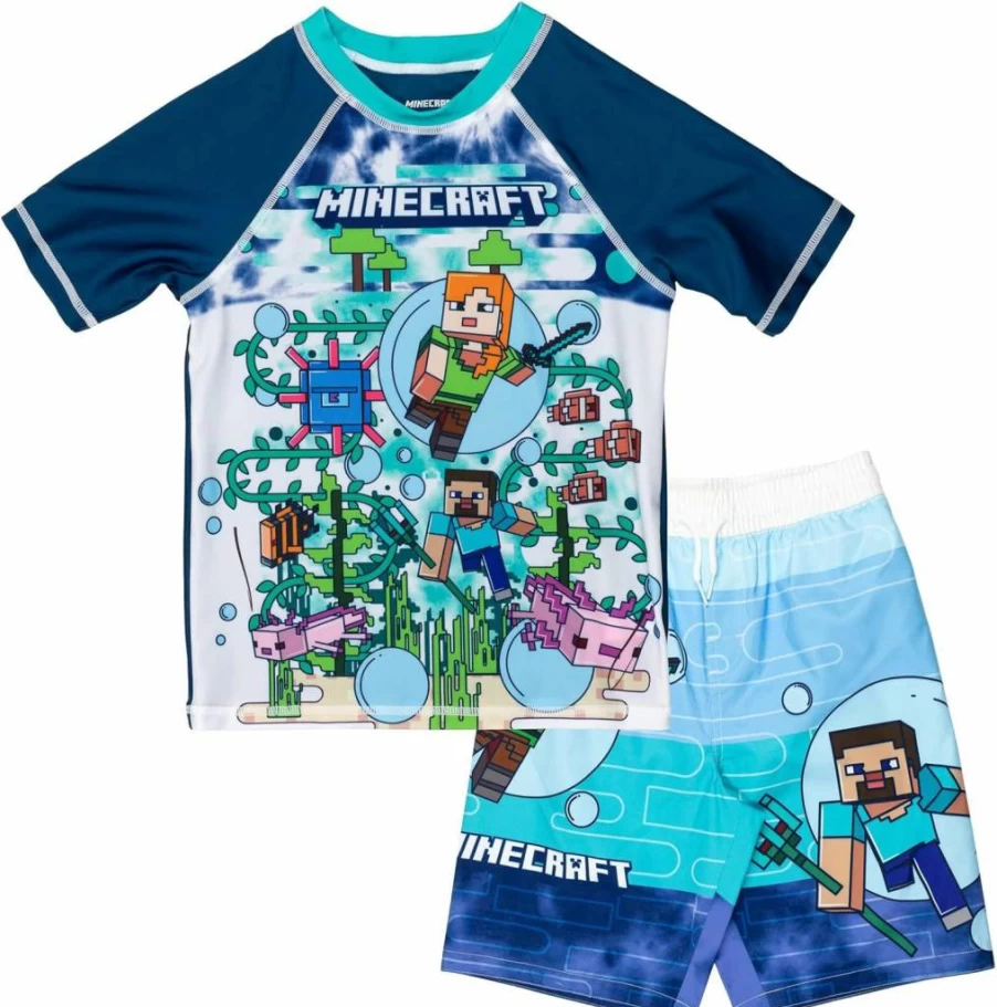 Minecraft Kids Swim Set - Zombie, Creeper, Alex & Steve Rash Guard & Swim Trunks (Toddler to Youth)