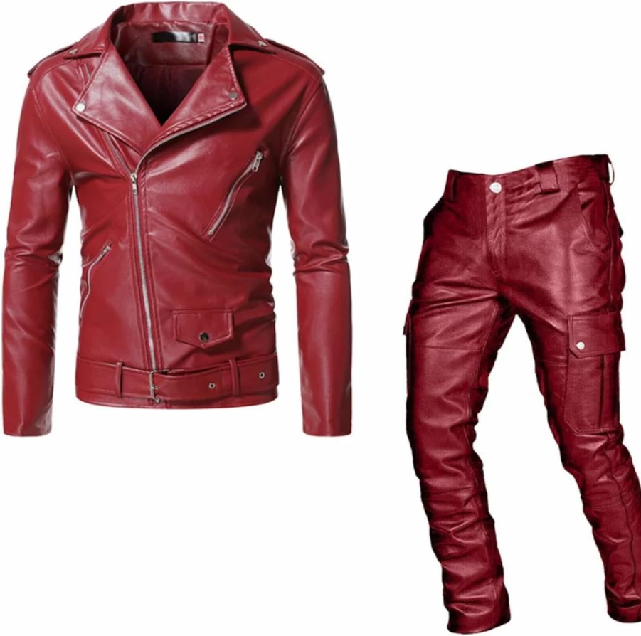 Men's Punk Style Two-Piece Suit Set - Leather Jacket & Casual Pants - Generic Brand