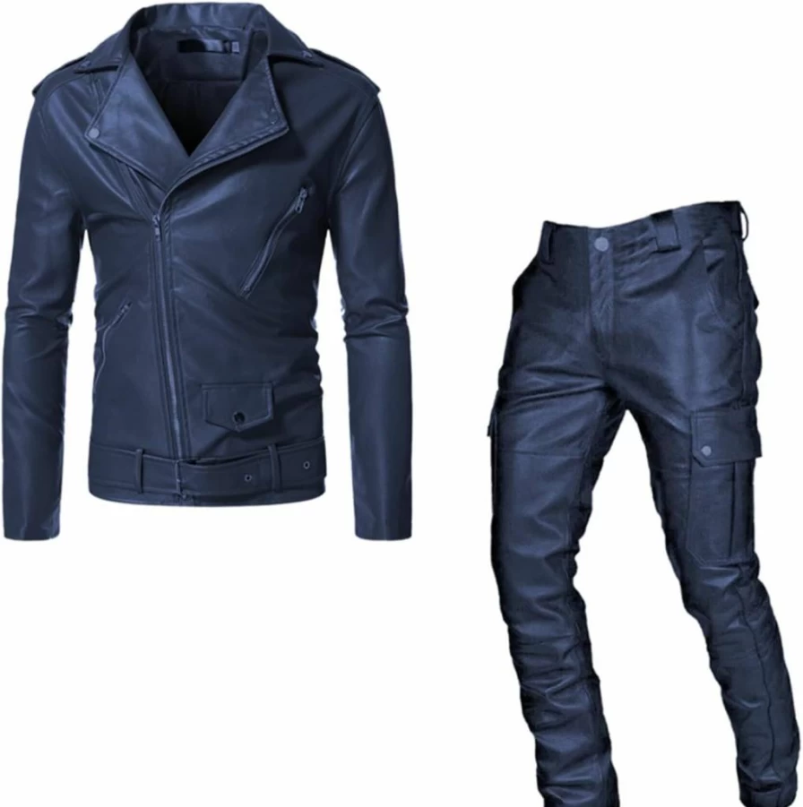Men's Punk Style Two-Piece Suit Set - Leather Jacket & Casual Pants - Generic Brand