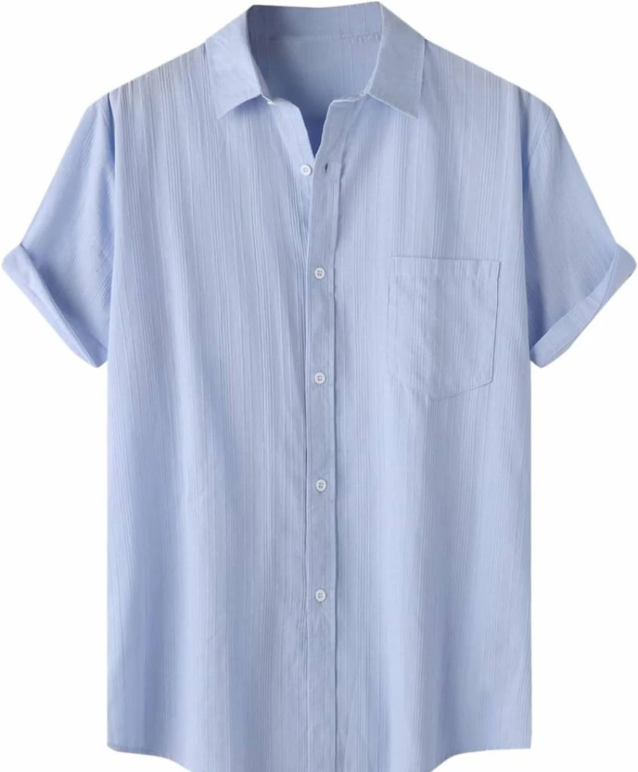2024 Men's Fashion Striped Short Sleeve Button Down Shirt - Solid Color Pure Cotton Lapel Casual Shirt for Men