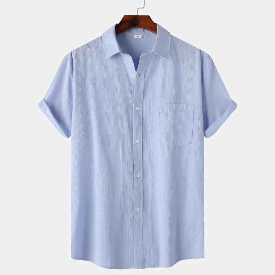 2024 Men's Fashion Striped Short Sleeve Button Down Shirt - Solid Color Pure Cotton Lapel Casual Shirt for Men