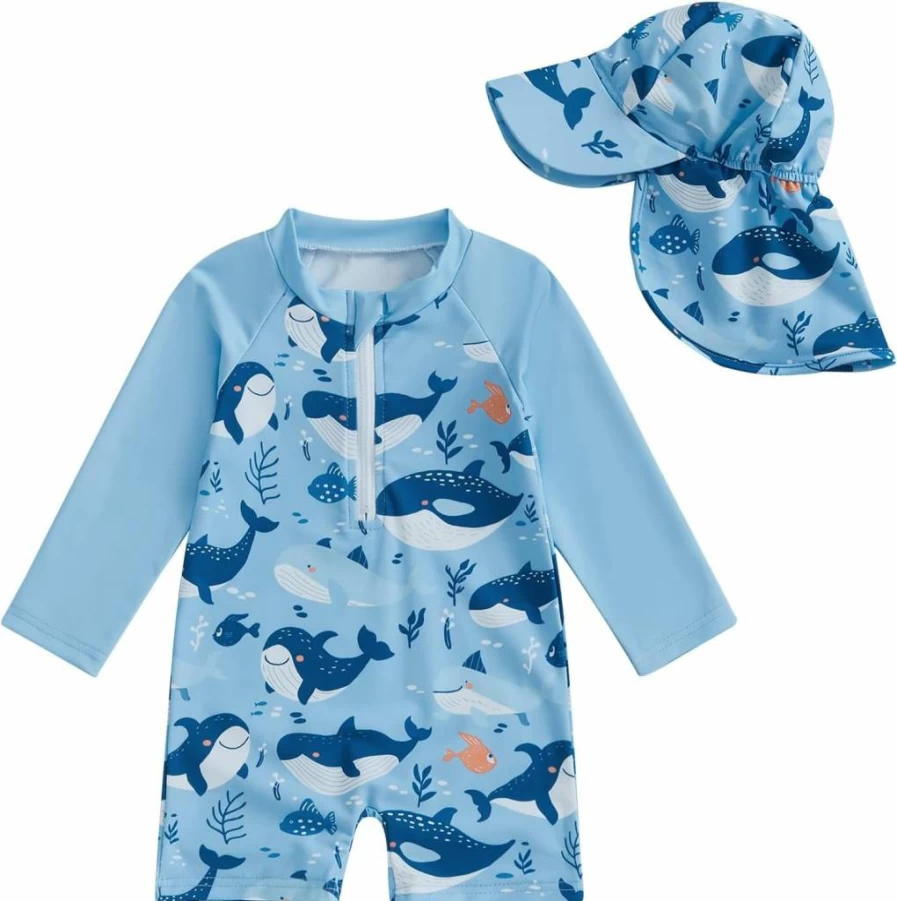 KMBANGI Boys' Duck Hunting Swimsuit Rash Guard One-Piece with Hat – Long Sleeve UV Protection Bathing Suit for Toddler & Baby
