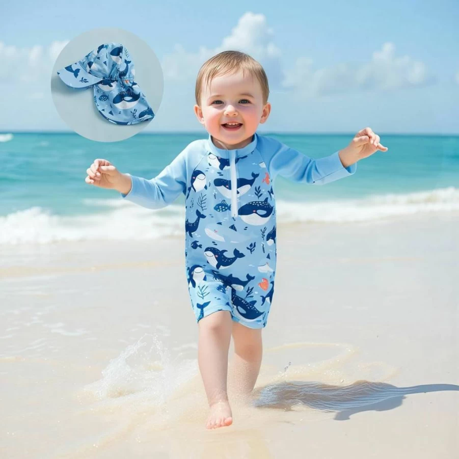 KMBANGI Boys' Duck Hunting Swimsuit Rash Guard One-Piece with Hat – Long Sleeve UV Protection Bathing Suit for Toddler & Baby