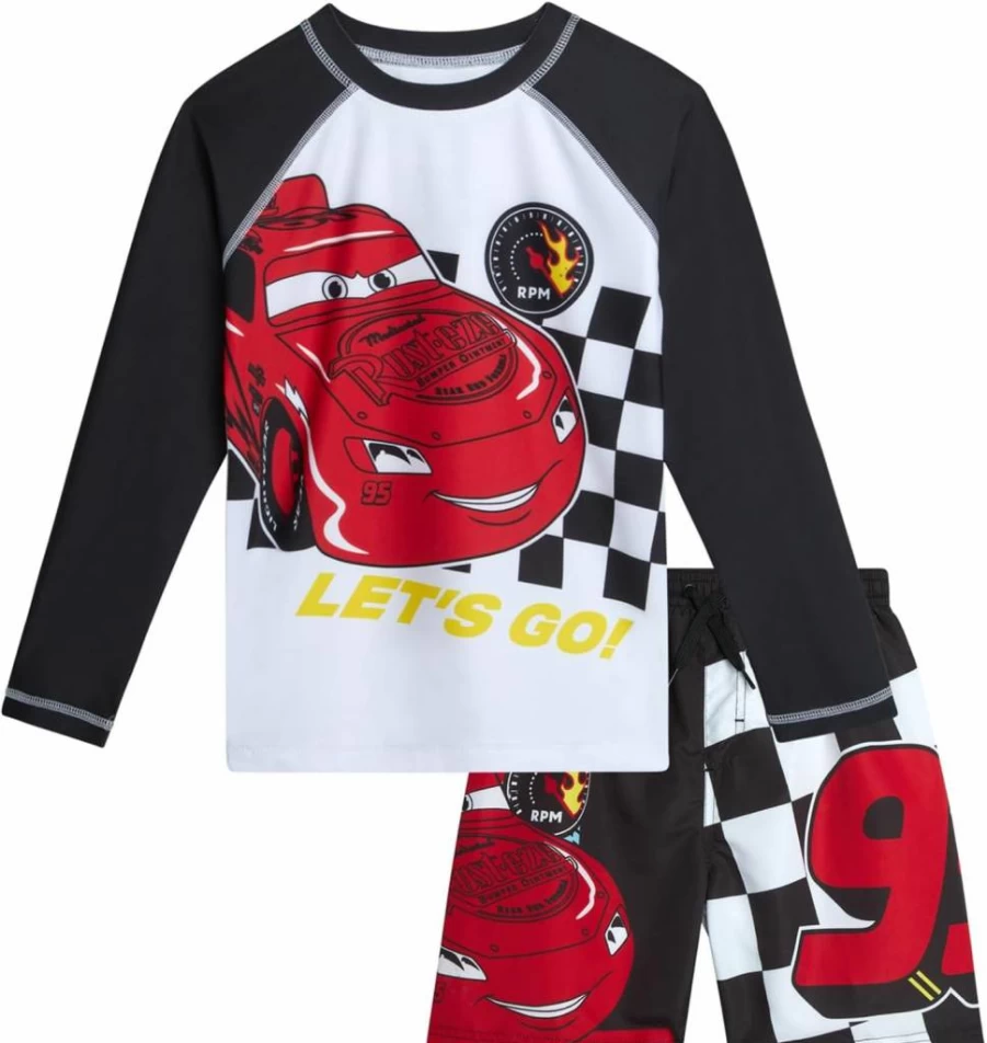 Disney Boys 2-Piece Rash Guard Swim Set - Mickey Mouse, Cars Lightning McQueen, Buzz Lightyear UPF 50+ (Sizes 2T-7)