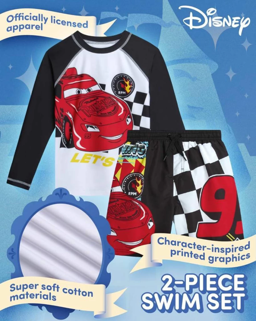Disney Boys 2-Piece Rash Guard Swim Set - Mickey Mouse, Cars Lightning McQueen, Buzz Lightyear UPF 50+ (Sizes 2T-7)
