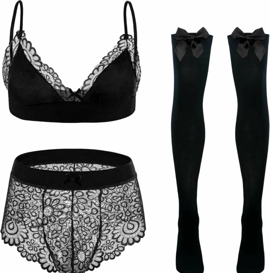 Panegy Men's Lace Floral Lingerie Set - 3 Piece Bra, Panty & Bowknot Stockings for Crossdressing